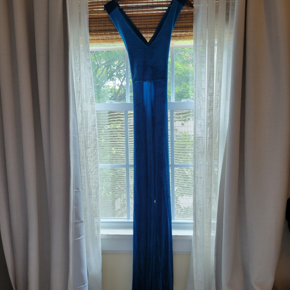 Teal Blue Velvet Wide Leg Jumpsuit